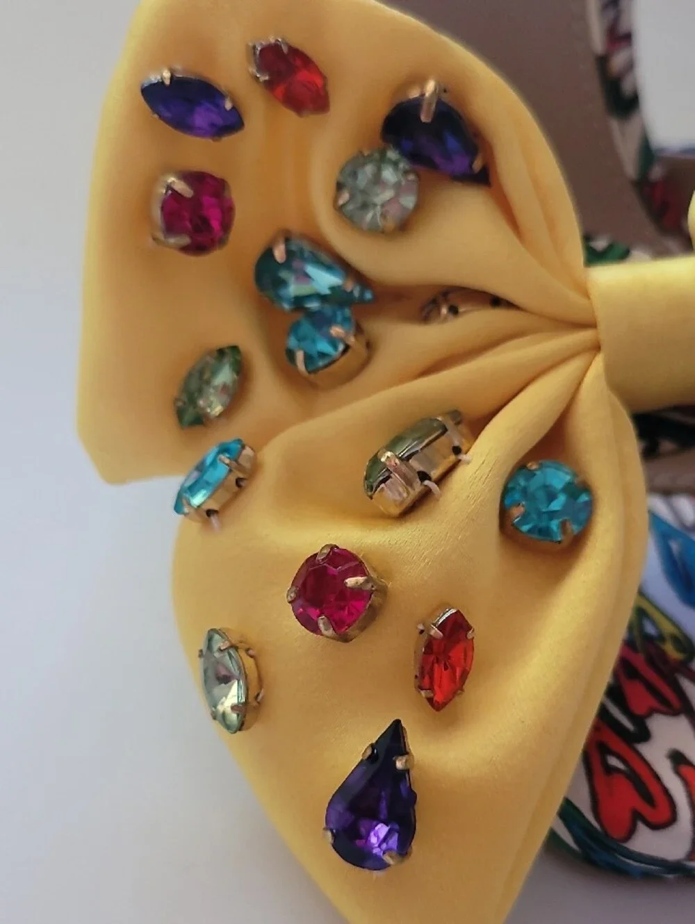 Betsey Johnson Yellow Bow Jeweled Ankle-Strap Peep-Toe RAINBOW Heels - Picture 8 of 9